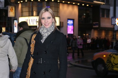 Christina at London's West End, waiting to attend Mamma Mia!