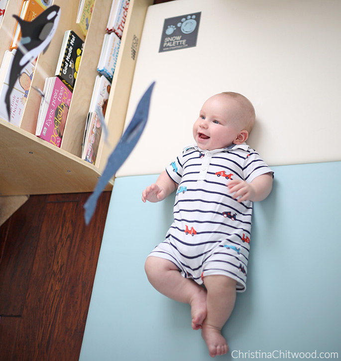 Our Baby Boy Having Fun Looking at the Whale Mobile at 4 Months Old