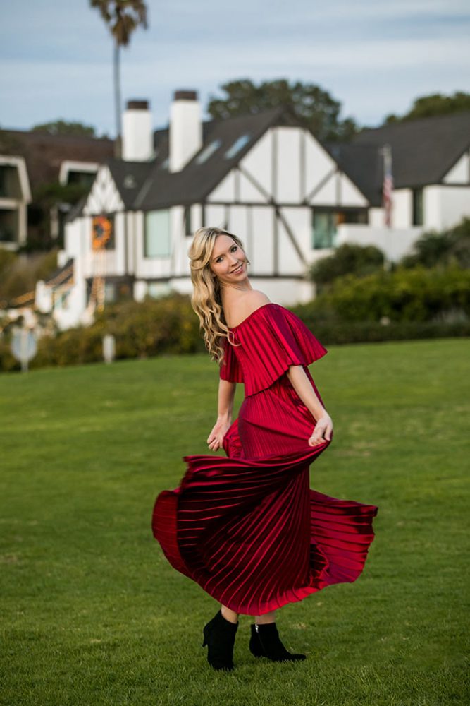 Fashion blogger, Christina Chitwood, twirling in metallic red maxi dress. Womens Fashion Amazon Maxi Dress, Circus by Sam Edleman Booties, Nadri Earrings